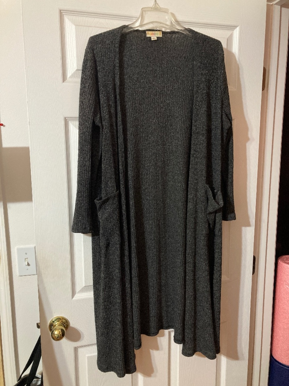 Womens Large LULAROE Sarah Duster Cardigan Heathered Charcoal Gray Knit EUC